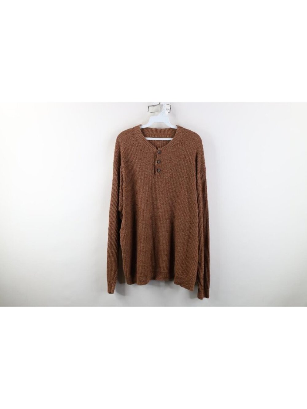 Vintage 90s Streetwear Mens XL Thermal Ribbed Knit Henley Sweater Copper Brown